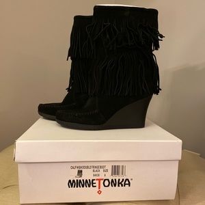 Minnetonka double fringe wedge boots